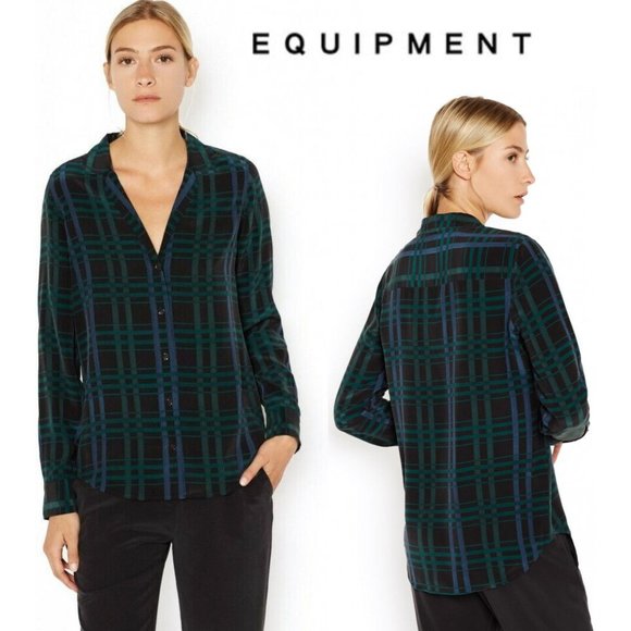 Equipment Tops - Equipment Women's Adalyn 100% Silk Shirt Blouse Black Ink Multi Camp V Collar S